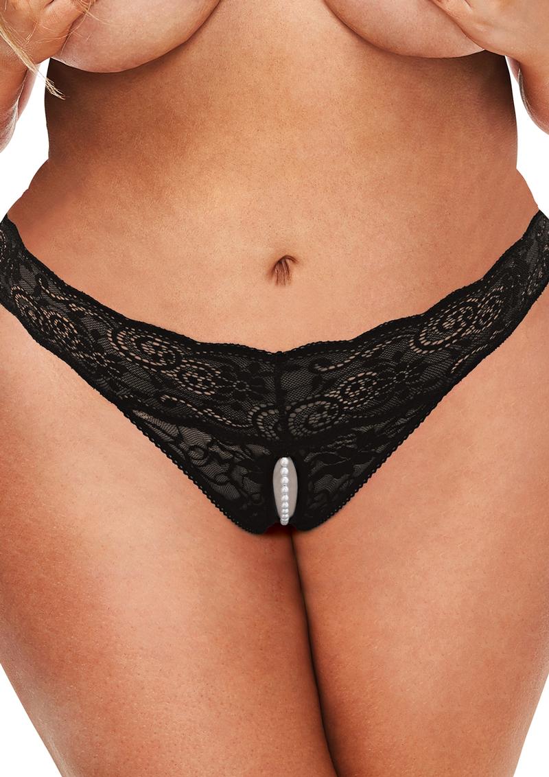Sexy Lingerie Secret Kisses Lace & Pearls Crotchless Thong Black | QS    | Awaken My Sexuality