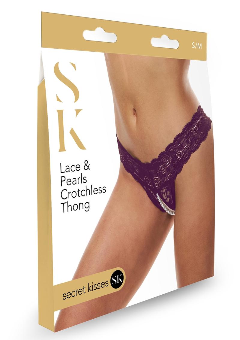 Secret Kisses Lace & Pearls Crotchless Thong Purple | Small
