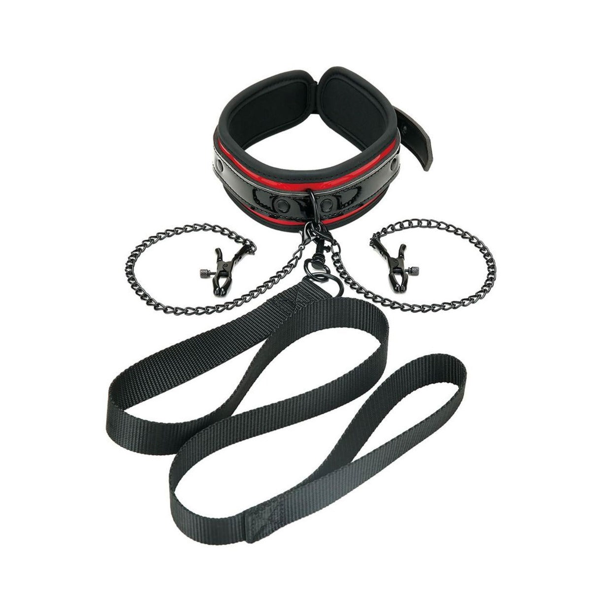 WhipSMART | HEARTBREAKER Collar & Leash Set With Removeable Nipple Clips - Black & Red