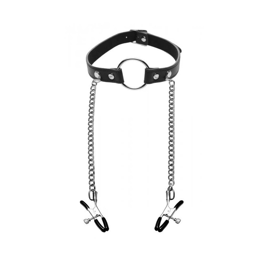 MASTER SERIES | Seize O-Ring Gag With Nipple Clamps - Black & Silver