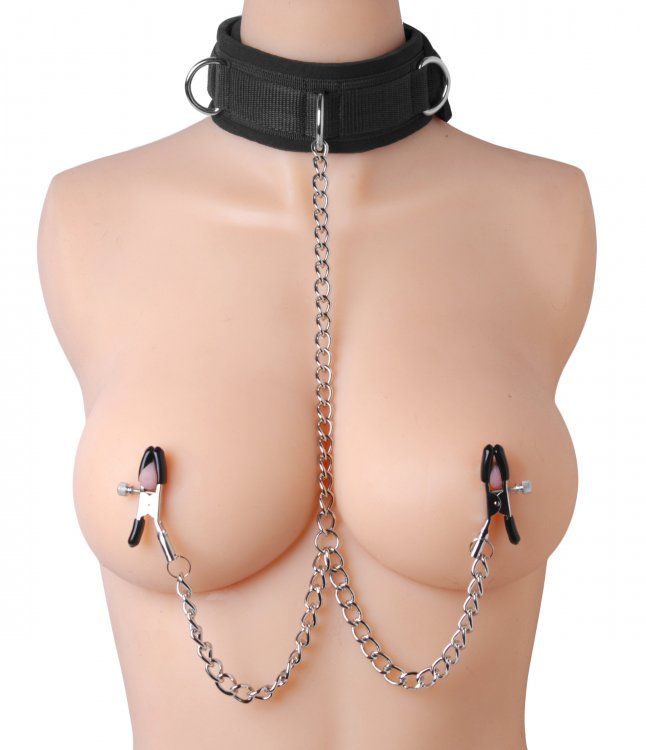 Collars And Leashes Master Series | Submission Collar And Nipple Clamp Union - Black    | Awaken My Sexuality