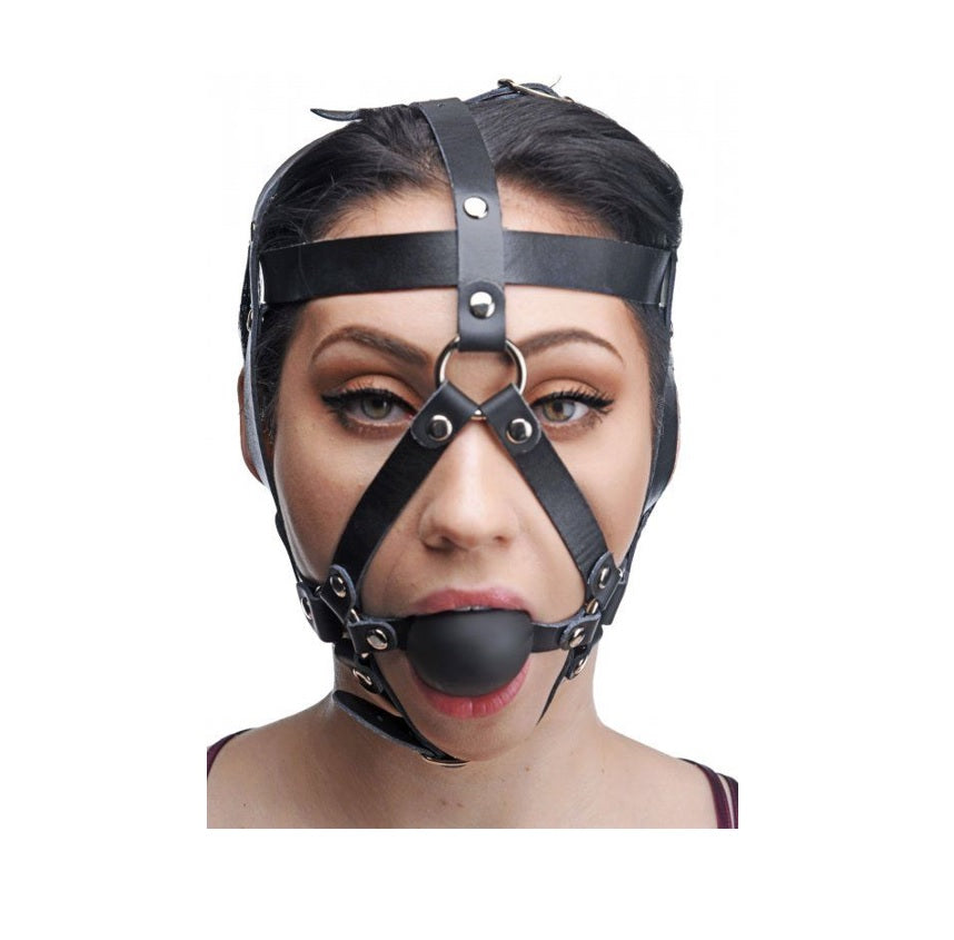 MASTER SERIES | Leather Head Harness with Ball Gag - Black