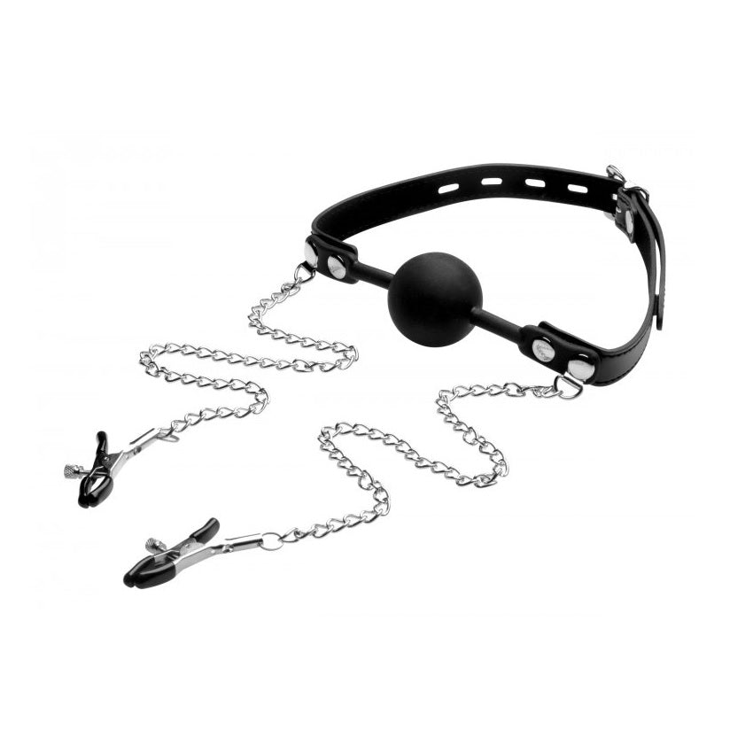 STRICT | Silicone Ball Gag With Nipple Clamps - Black & Silver
