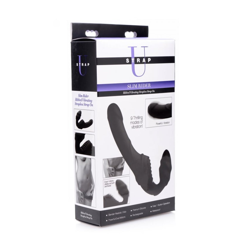 Strapless Strap-On Strap U Slim Rider | Ribbed Vibrating Silicone Strapless Strap On | Black    | Awaken My Sexuality