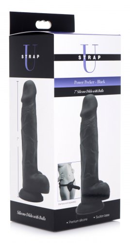 Suction Base Dildos Strap U | Power Pecker 7 Inch Silicone Dildo with Balls - Black    | Awaken My Sexuality