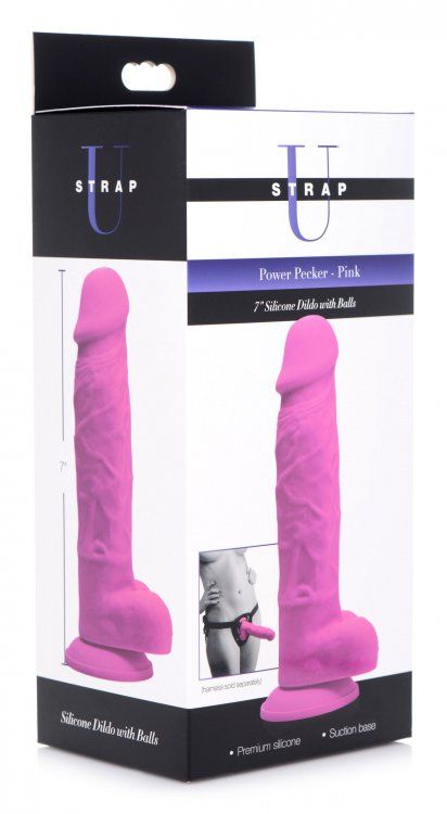 Strap-On Dildo U Strap | Power Pecker 7 Inch Silicone Dildo with Balls - Pink    | Awaken My Sexuality