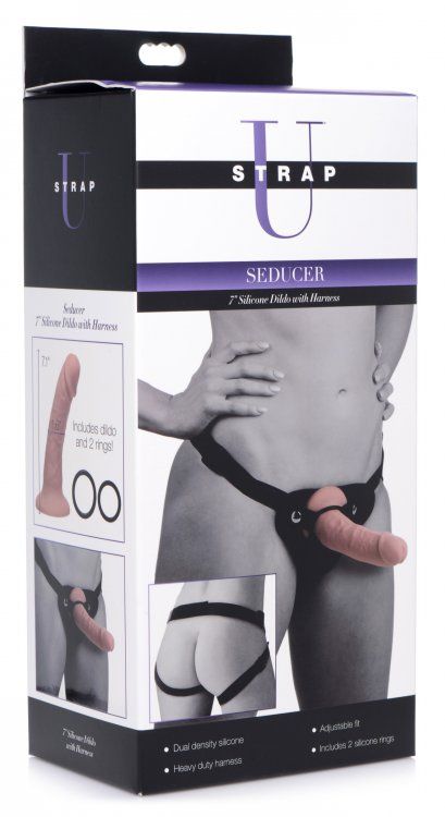 Strap-On Kits Strap U | Seducer 7 Inch Silicone Dildo with Harness - Black    | Awaken My Sexuality