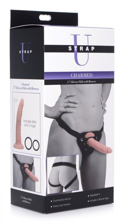 Strap U | Charmed 7.5 Inch Silicone Dildo with Harness - Black & Vanilla