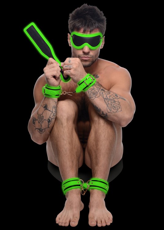 Bondage Kits Master Series | Kink in the Dark Glowing Cuffs, Blindfold & Paddle Bondage Set - Black & Green    | Awaken My Sexuality