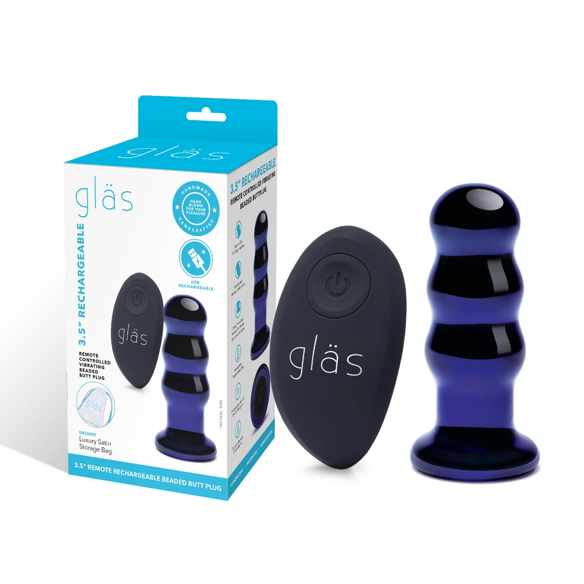 Glas | Rechargeable Remote Controlled Vibrating Beaded Butt Plug - Blue 3.5 Inch