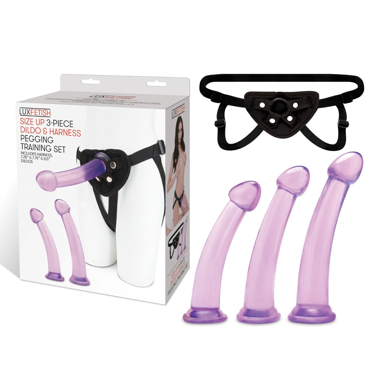 Lux Fetish | SIZE UP 4-PIECE DILDO AND HARNESS PEGGING TRAINING SET