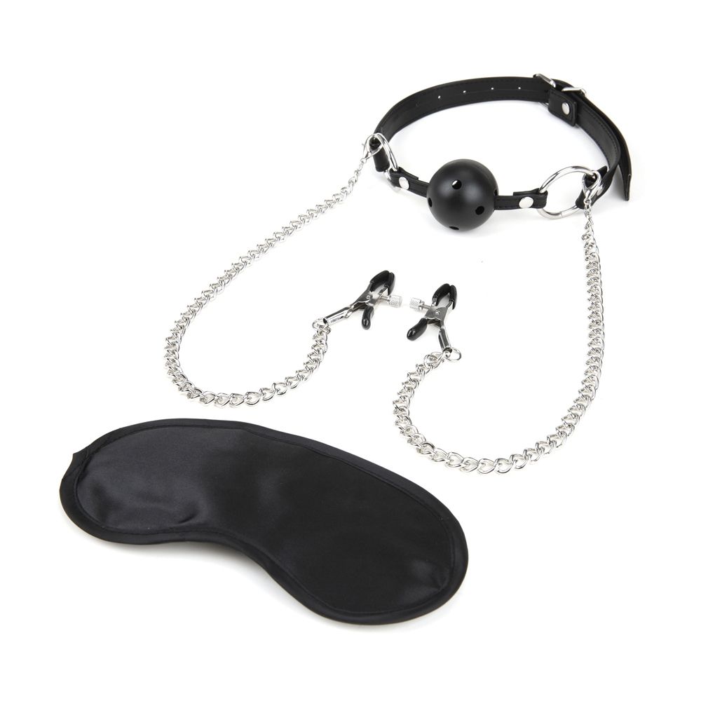 LUX FETISH | Breathable Ball Gag with nipple Chain - Black