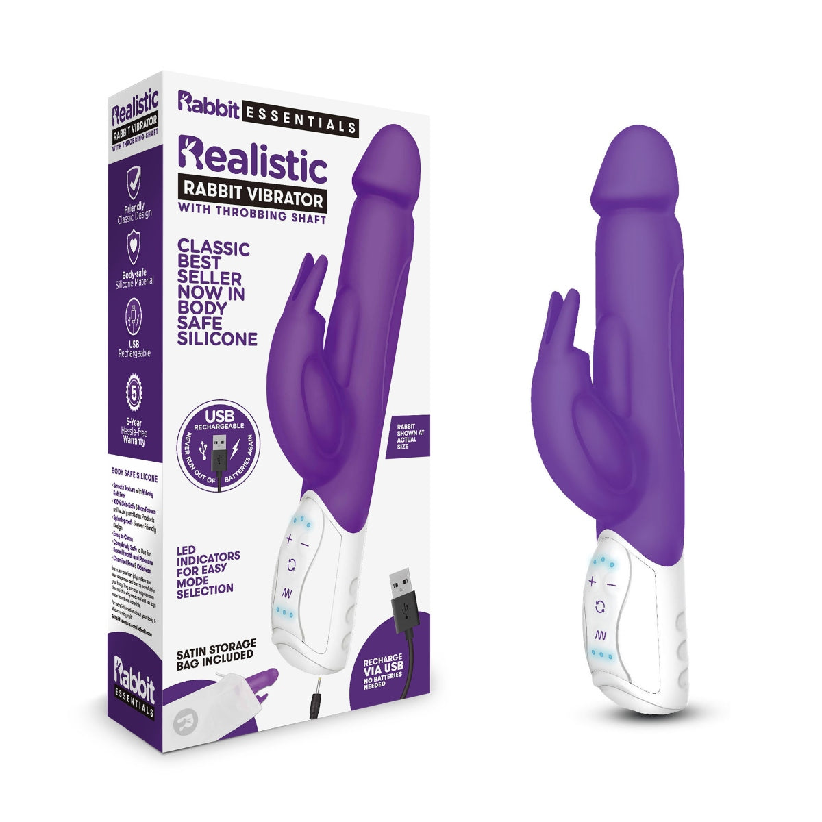 Rabbit Vibrator Rabbit Essentials RR Rechargeable Realistic Rabbit | Purple    | Awaken My Sexuality