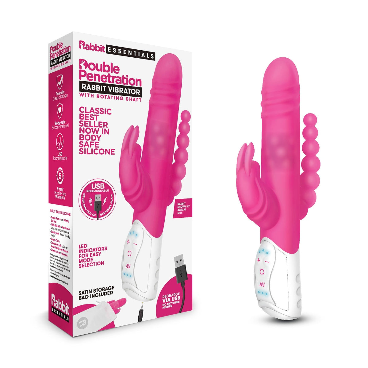 Rabbit Vibrator Rabbit Essentials RR Rechargeable Double Penetration Rabbit | Hot Pink    | Awaken My Sexuality