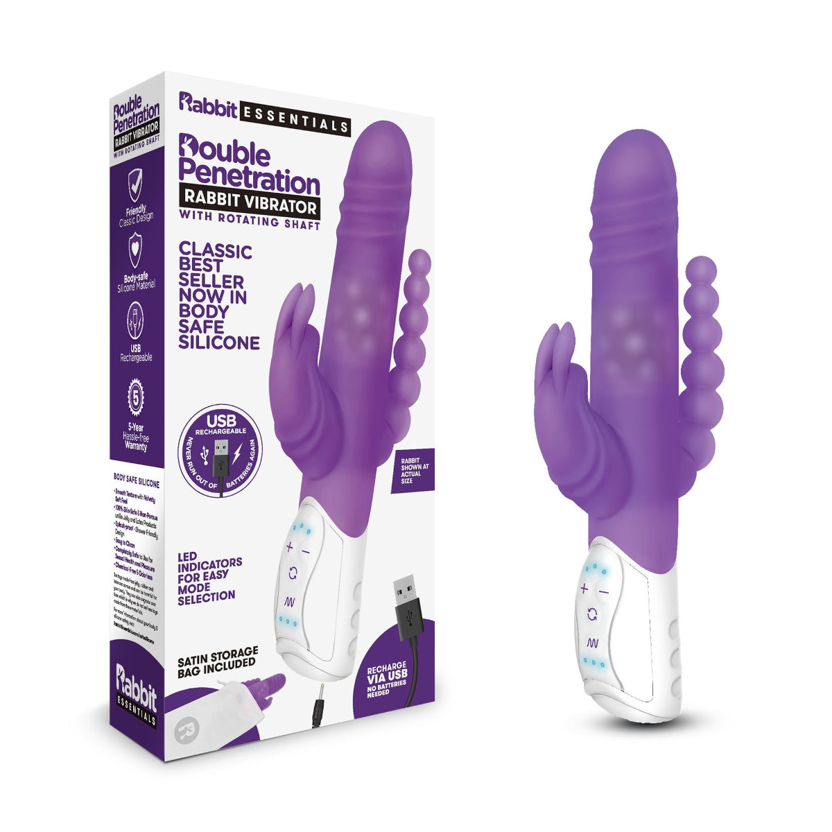 Rabbit Vibrator Rabbit Essentials RR Rechargeable Double Penetration Rabbit |Purple    | Awaken My Sexuality