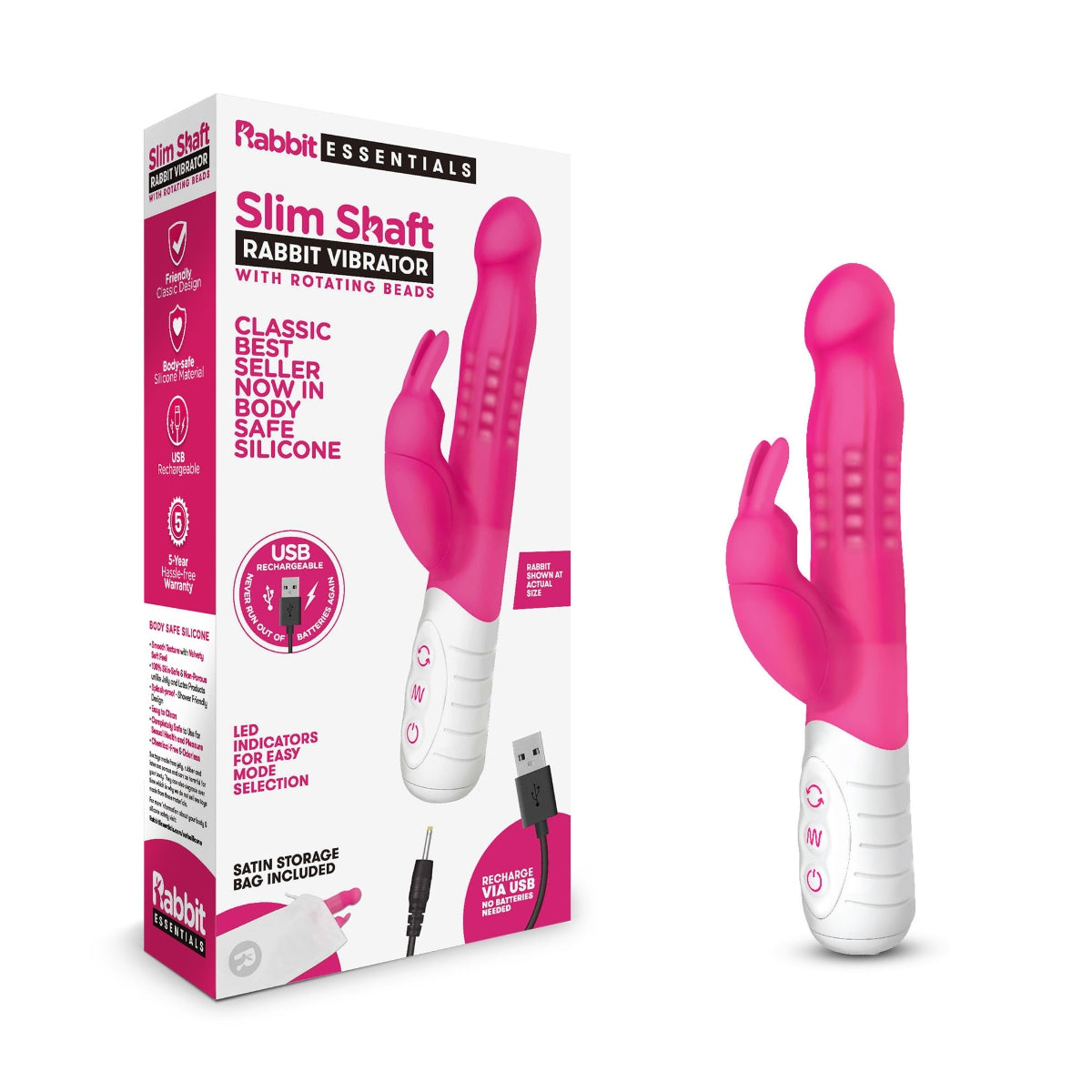 Rabbit Vibrator Rabbit Essential RR Rechargeable Slim Shaft Rabbit | Hot Pink    | Awaken My Sexuality