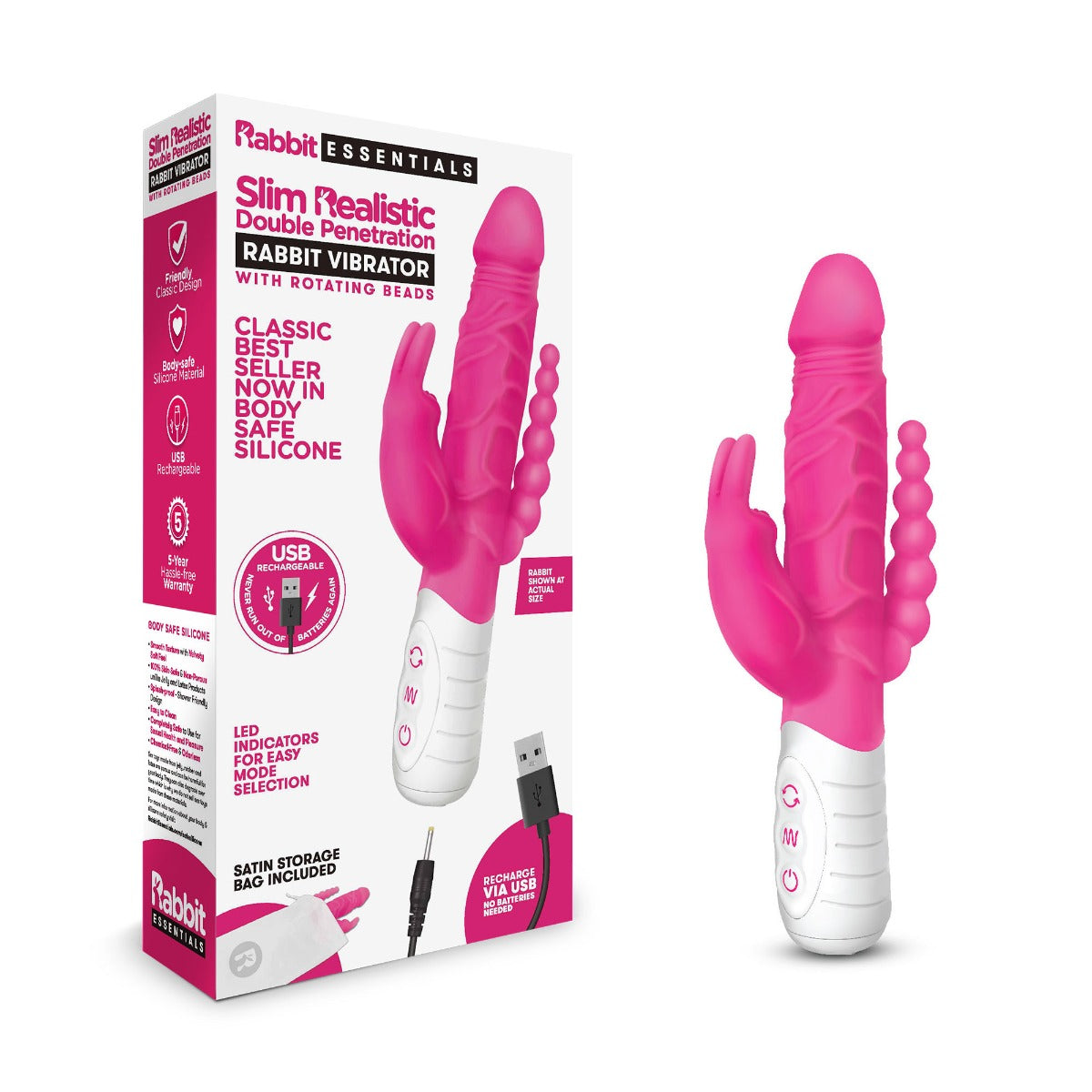 Rabbit Vibrator Rabbit Essentials RR Rechargeable Slim Double Penetration Rabbit Vibrator | Hot Pink    | Awaken My Sexuality