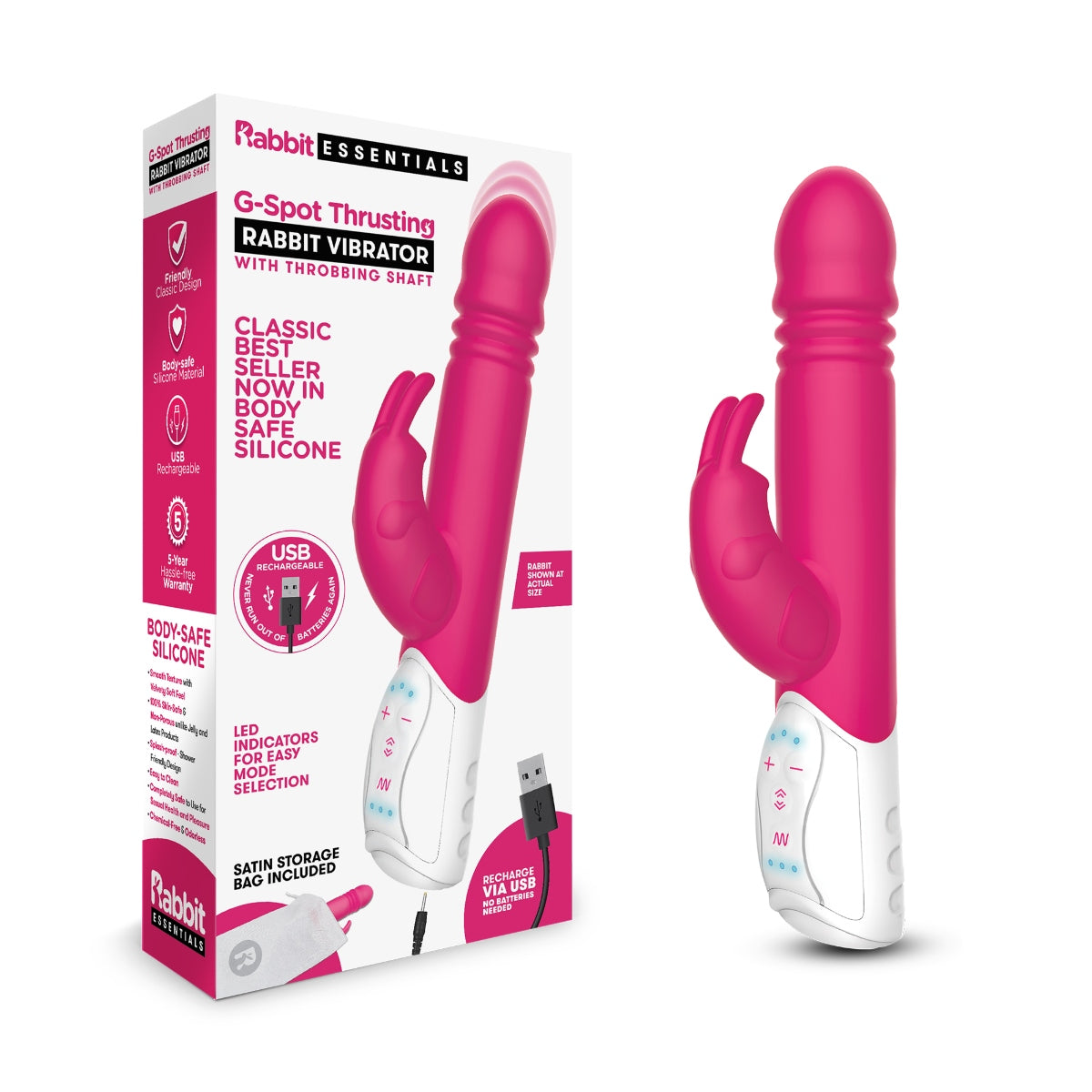 Rabbit Vibrator Rabbit Essentials RR Rechargeable G Spot Thrusting Rabbit Vibrator | Hot Pink    | Awaken My Sexuality