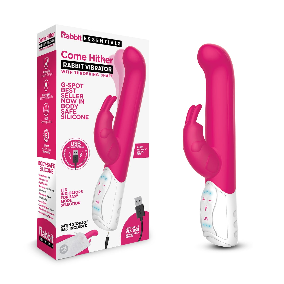 Rabbit Vibrator Rabbit Essentials RR Rechargeable Come Hither G Spot Rabbit Vibrator | Hot Pink    | Awaken My Sexuality