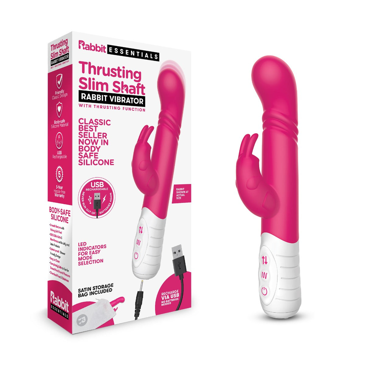 Rabbit Vibrator Rabbit Essentials | Rechargeable Slim Shaft thrusting G Spot Rabbit Vibrator Pink    | Awaken My Sexuality